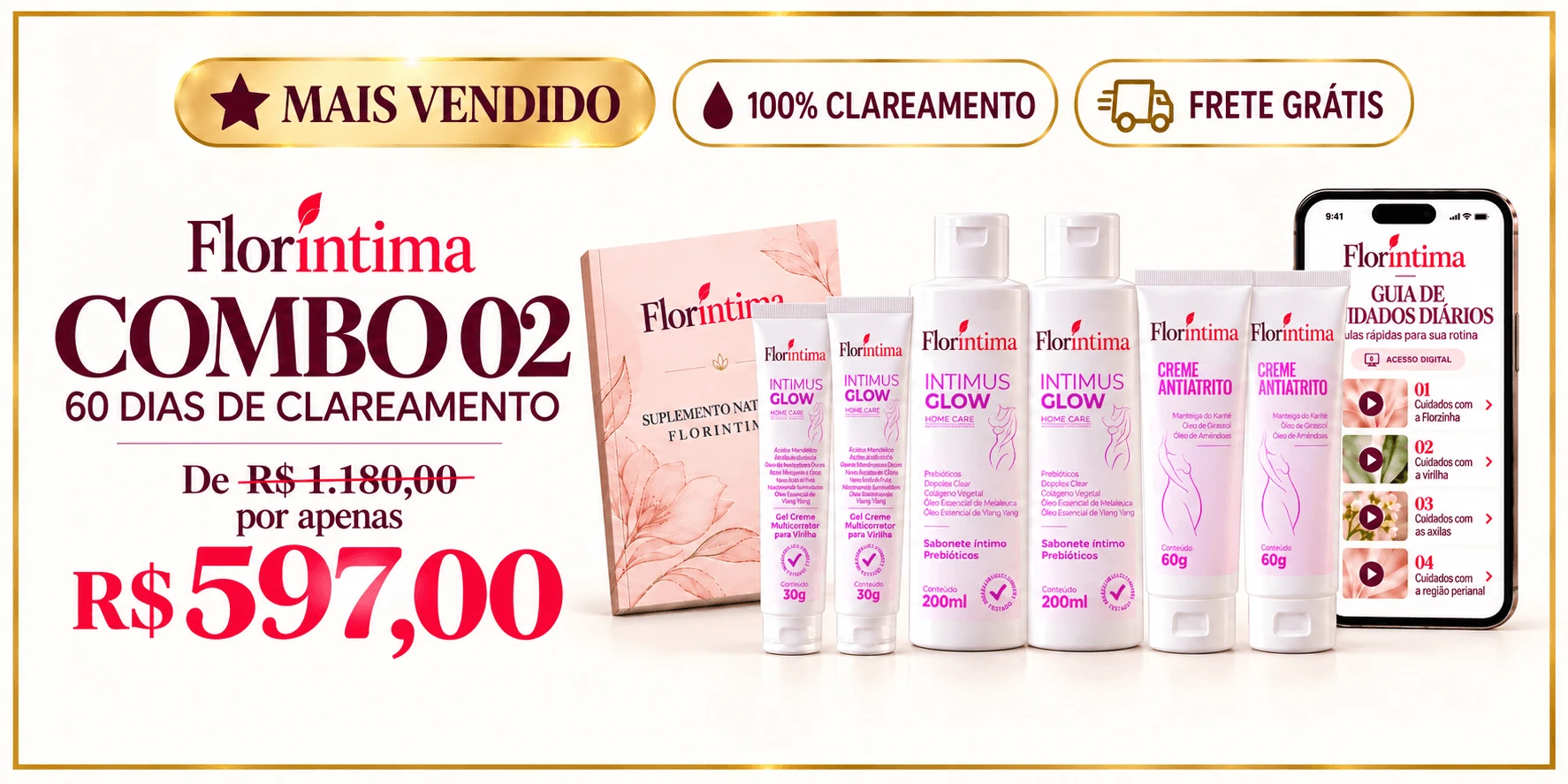 Combo 02 — 60 dias de clareamento, de R$1.180,00 por R$597,00, mais vendido, 100% clareamento, frete grátis