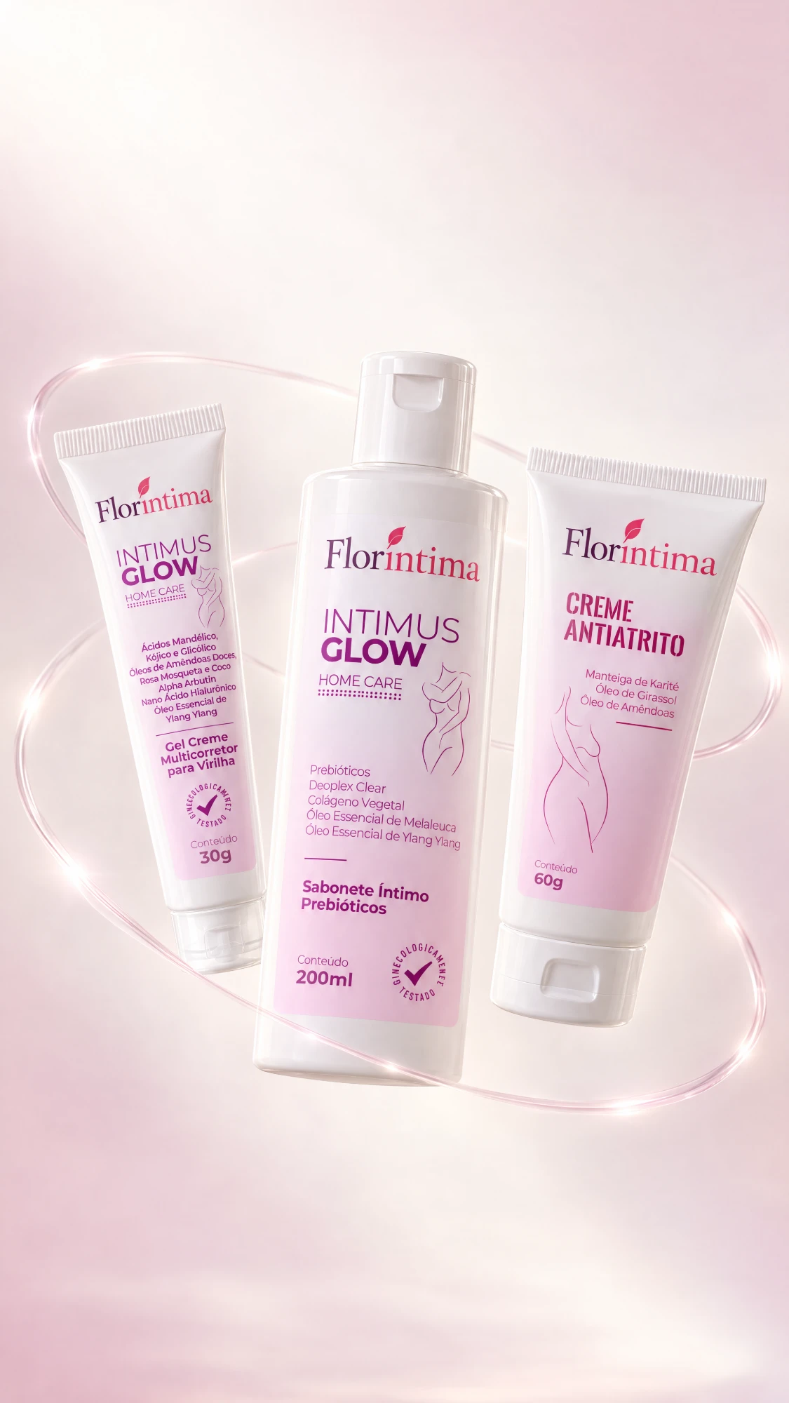Kit Floríntima: gel clareador Intimus Glow, sabonete íntimo prebiótico e creme antiatrito